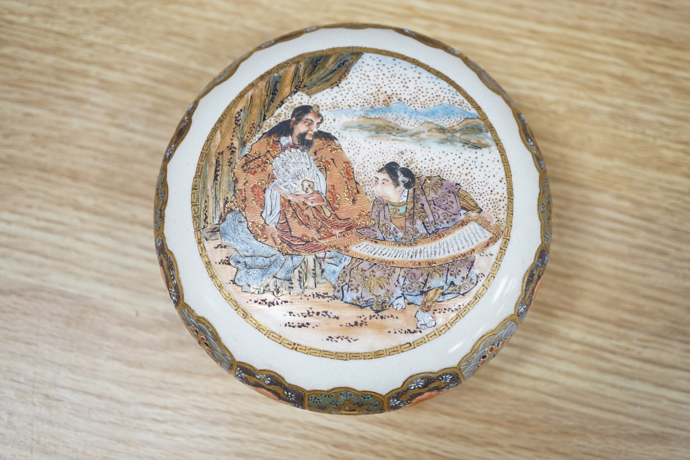 A pair of Victorian Staffordshire flat backs, a pair of amphora vases, Japanese satsuma box and cover etc.